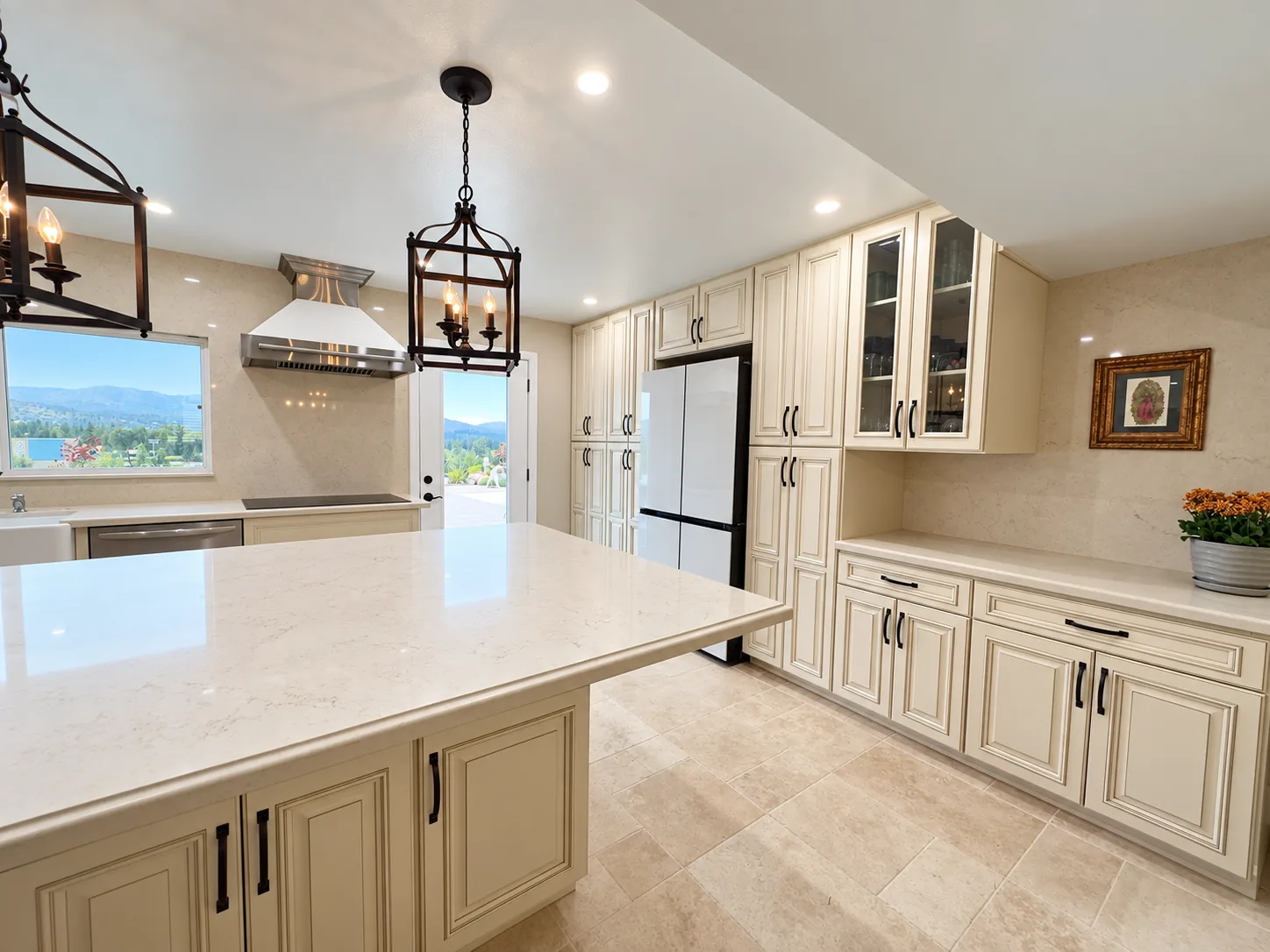 White kitchen cabinets and island